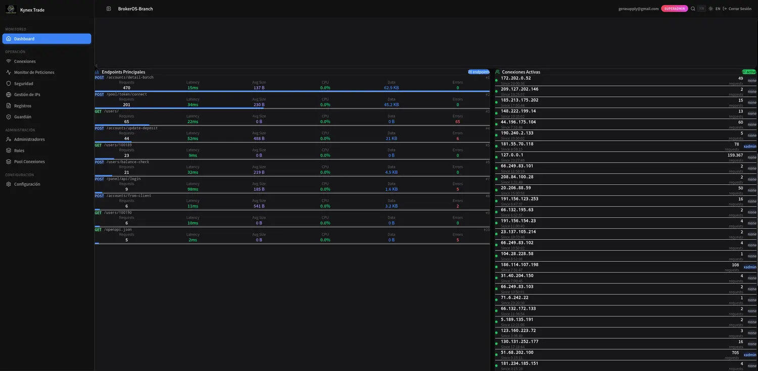 Monitor de endpoints principales con métricas por endpoint y lista de conexiones activas por dirección IP