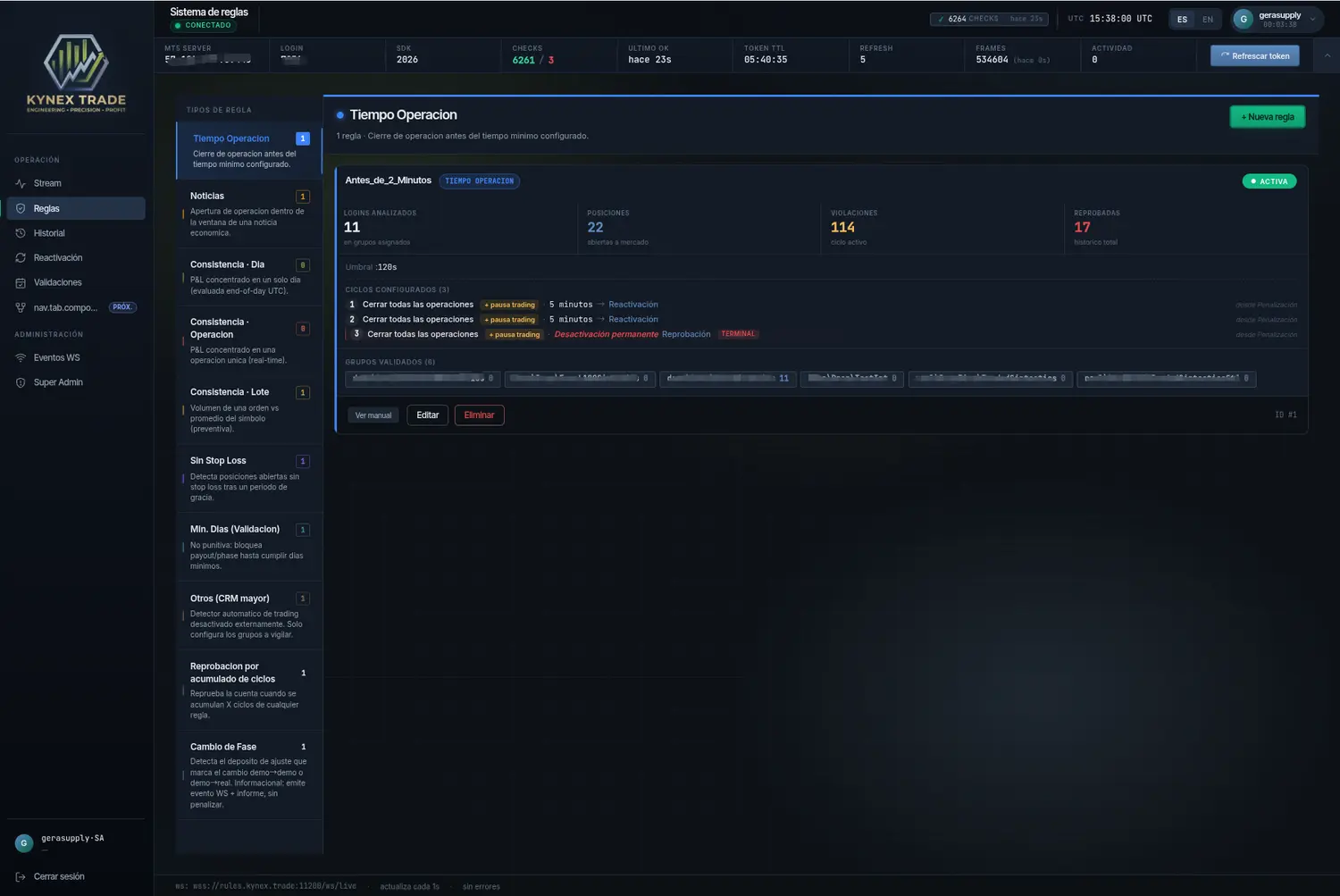 Sistema de reglas del panel Kynex: catálogo de reglas declarativas (noticias, consistencia diaria, lote, stop loss, días mínimos, cambio de fase) aplicadas por cuenta sobre MetaTrader 5